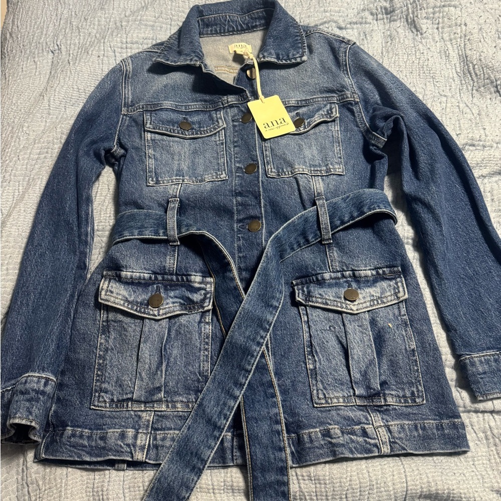 a.n.a Women's Washed Blue Denim Jacket with Self Tie Belt